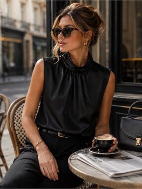 Sleek Black Satin Mock-Neck Sleeveless Camisole